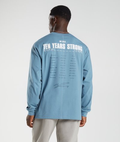 Men's Gymshark GS10 Year Oversized Long Sleeve T Shirts Blue | NZ7509-020